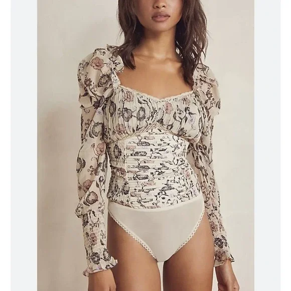 Free People Brunch Date Bodysuit Long Sleeve Floral Ivory Combo NWT - Picture 1 of 9